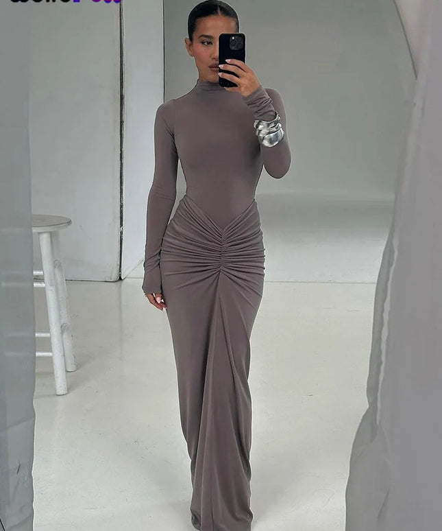 Weird Puss Hipster Ruched Dress Women o-NeckFull Sleeve  Skinny Stretch Robe Autumn Trend Simple Classic Pleats Long Bodycon