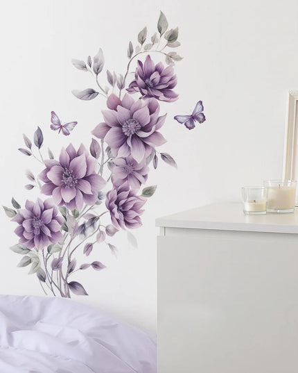 Purple Flowers Butterfly Wall Stickers Living Room Bedroom Background Decor Mural Bathroom Home Decoration Self-adhesive Decals