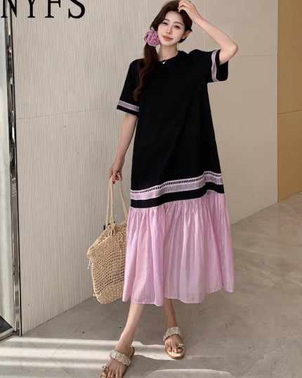 NYFS 2025 Summer Dress Loose plus Size Black Patchwork Pink Hem Long Dresses Robe Elbise Short Sleeve Korean Style Woman Dress