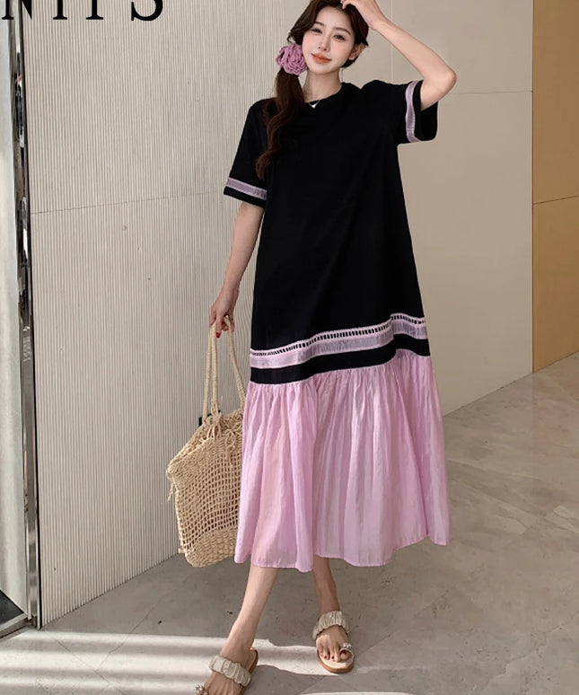 NYFS 2025 Summer Dress Loose plus Size Black Patchwork Pink Hem Long Dresses Robe Elbise Short Sleeve Korean Style Woman Dress