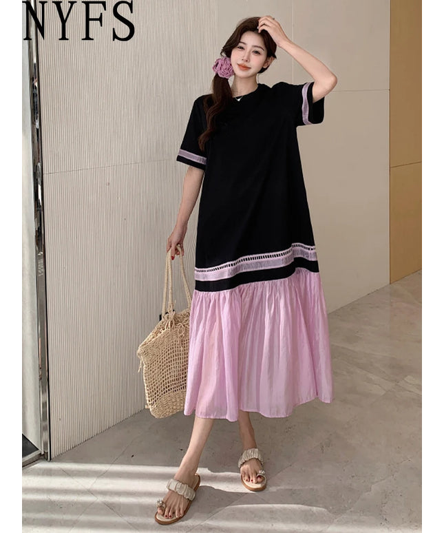 NYFS 2025 Summer Dress Loose plus Size Black Patchwork Pink Hem Long Dresses Robe Elbise Short Sleeve Korean Style Woman Dress