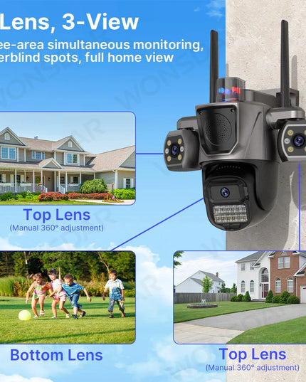 IP Camera Triple Lens Outdoor Sound Fills Speaker WiFi Camera AI Human Detection Auto Tracking PTZ HD Video Surveillance iCSee