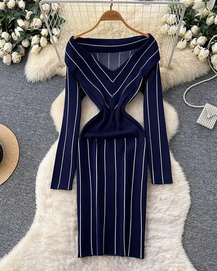 YuooMuoo Chic Fashion Elegant Wrap Hip Knitted Autumn Dress Women Vintage Slim Waist Stripes Bodycon Sweater Dress Lady Vestidos