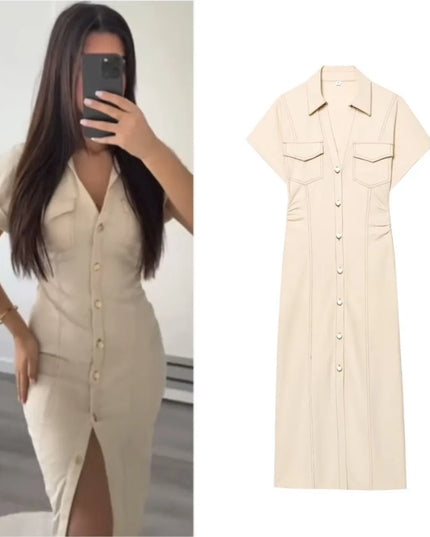 ETJ 2025  Spring New 1975 series denim MIDI dress with lapel side zipper fashion wrinkle waist slim elegant dress