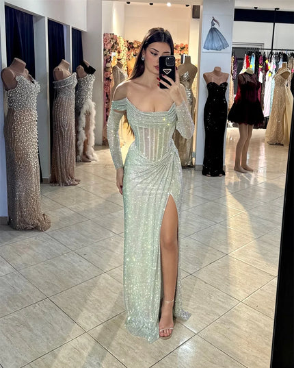 Contessa Dubai Silver Shiny Prom Dresses With Sleeve Off Shoulder Vestidos de noche Side High Split Formal evening dresses 2025