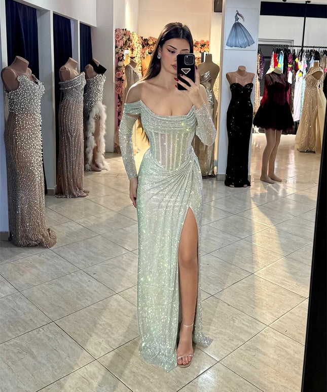 Contessa Dubai Silver Shiny Prom Dresses With Sleeve Off Shoulder Vestidos de noche Side High Split Formal evening dresses 2025