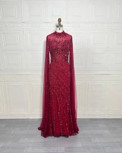 Luxury Saudi Arabia Mermaid Beaded Cape Sleeves High-Neck Evening Dresses 2025 Dubai Party Gowns for Women Wedding Customized
