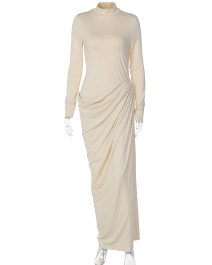 Dulzura Autumn Fashion Elegant High Collar Long Sleeve Ruched Slim Fit Long Dress Women'S Solid Casual Party Club Street Clothes