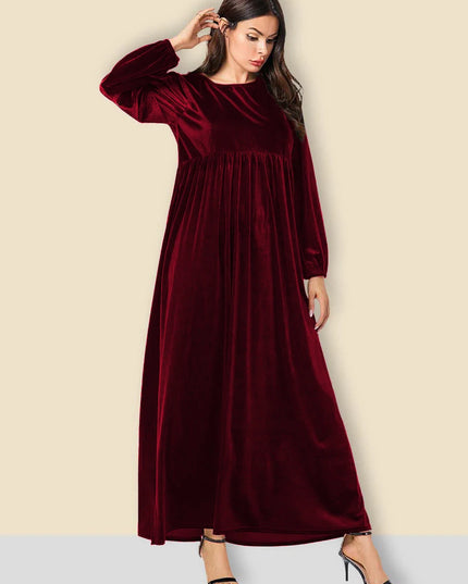 Plus size women's autumn and winter new solid color velvet slim long sleeve swing A-line skirt dress