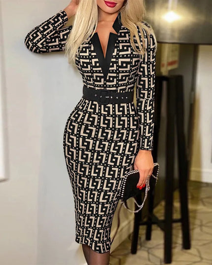 Geo Print Slim Fit Dress, Elegant High Waist Slit Midi Dress, Women