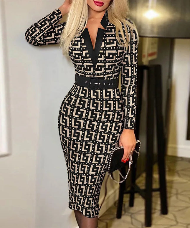 Geo Print Slim Fit Dress, Elegant High Waist Slit Midi Dress, Women