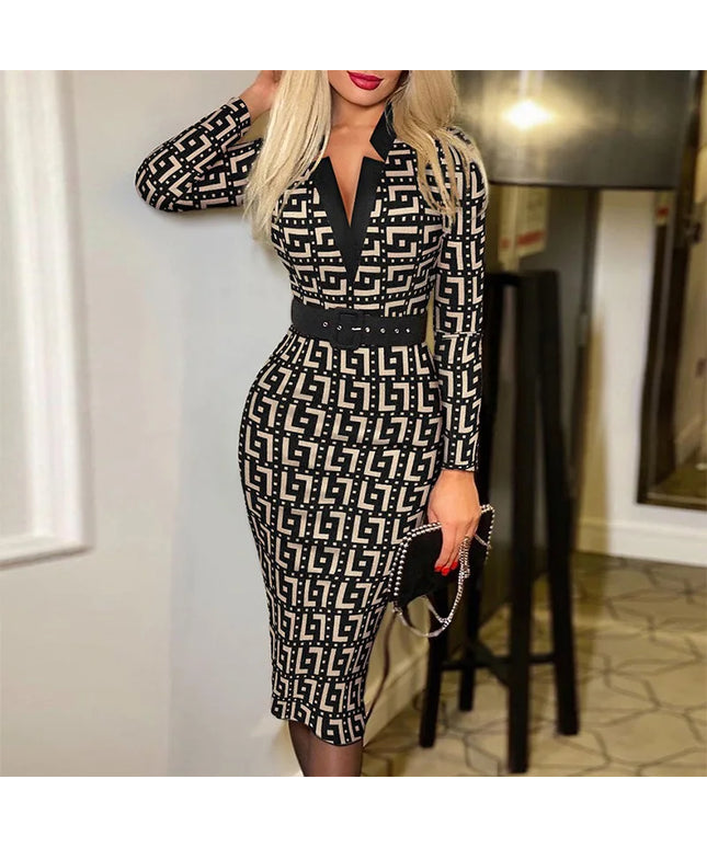 Geo Print Slim Fit Dress, Elegant High Waist Slit Midi Dress, Women