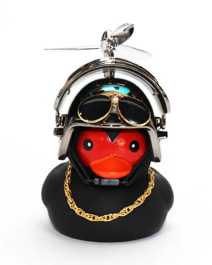 Cool Black Rubber Duck Toy Bike Car Ornaments Dashboard Decorations Squeeze Duck Bicycle Horns with Propeller Helmet for Kids