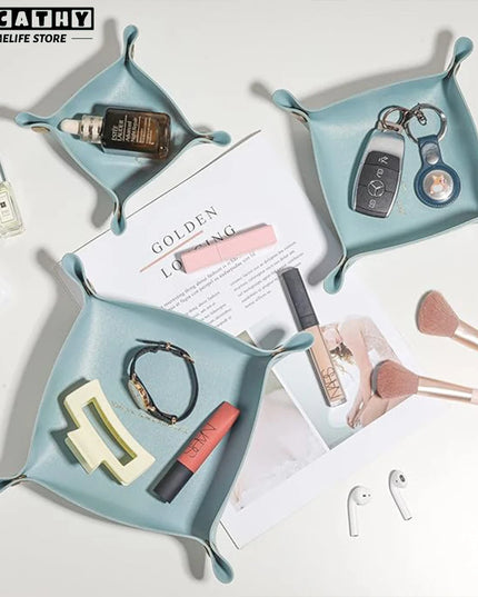 Leather Tray Foldable Table Catchall Storage Box Jewelry Key Coin Desk Top Organizer Entryway Nightstand Home Office Decoration