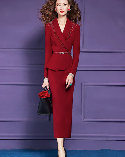 ZJYT Elegant Autumn Luxury Beading Tassel Red Formal Party Evening Dresses Women 2025 Long Sleeve Plus Size Office Work Wear