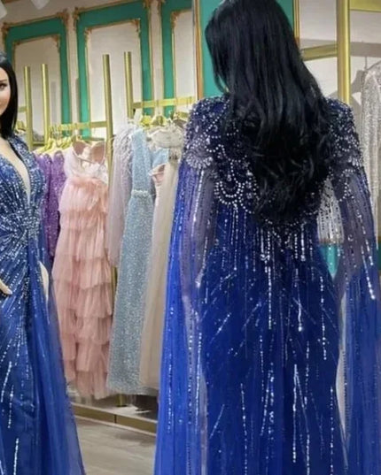 Serene Hill Turquoise Mermaid Evening Dresses Gowns 2025 with Beaded Cape Sleeves Design Customize Wedding Party BLA72168A