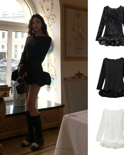 ETJ 2024 New Fall/Winter  women's dress European style elegant sexy round neck long sleeve party dress Pommel dress