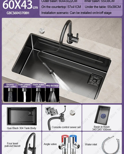 304 Stainless Steel Kitchen Sink Black Single Bowl Thickened Material Wear-Resistant Vegetable Workstation Drainage Accessories