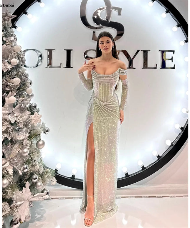 Contessa Dubai Silver Shiny Prom Dresses With Sleeve Off Shoulder Vestidos de noche Side High Split Formal evening dresses 2025