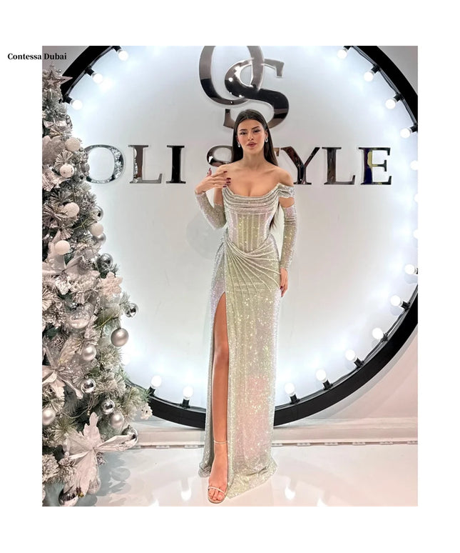 Contessa Dubai Silver Shiny Prom Dresses With Sleeve Off Shoulder Vestidos de noche Side High Split Formal evening dresses 2025