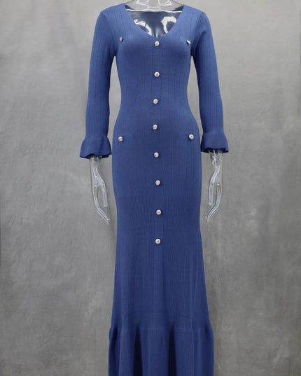 Elegant Knitted Long Dress Women Flare Sleelve V Neck Ruffles Single Breasted Bodycon Dresses Party Fashion Office Lady Vestidos