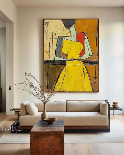 Mhemyo Abstract Woman Figure Handmade Painting Large Brown Green Texture Painting Vintage Abstract People Art Wabi Sabi Wall Art