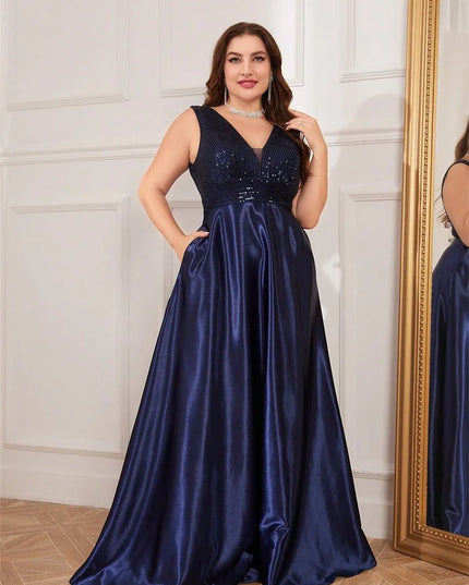 Plus Size Elegant Sequins Evening Dress For Women 2025 Deep V-neck Satin Prom Party Dress Floor Length Formal Bridesmaid Gowns