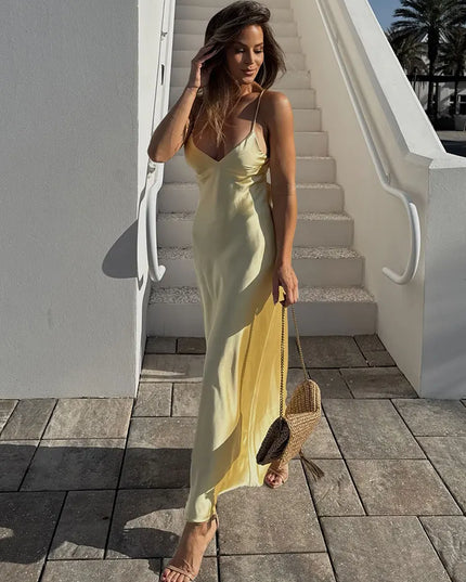 HH Pink Stain Sling Dresses Women Elegant V Neck Sleeveless Backless Slim Long Dress 2025 Summer Lady Party Holiday Dress