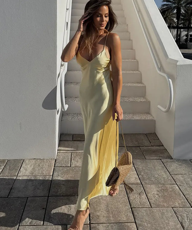 HH Pink Stain Sling Dresses Women Elegant V Neck Sleeveless Backless Slim Long Dress 2025 Summer Lady Party Holiday Dress