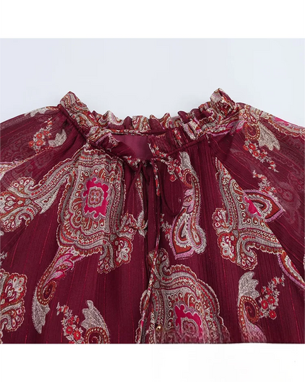 KONDALA Vintage Red Flower Print Chiffon Long Dress Long Sleeve O Neck Ruffles Loose Dress Fashion 2025 Spring Autumn Boho Dress