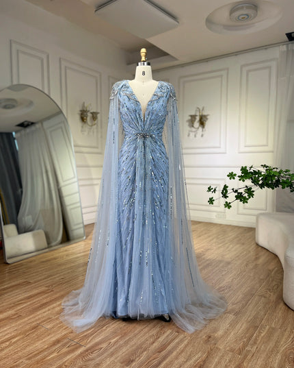 Serene Hill Turquoise Mermaid Evening Dresses Gowns 2025 with Beaded Cape Sleeves Design Customize Wedding Party BLA72168A
