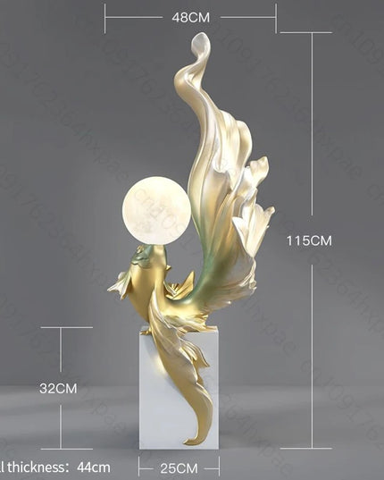 Luxury LED Moon Light Koi Fish Floor Sculpture Elegant Interior Home Decor Handcrafted Sculptural Art for Living Room Entryway