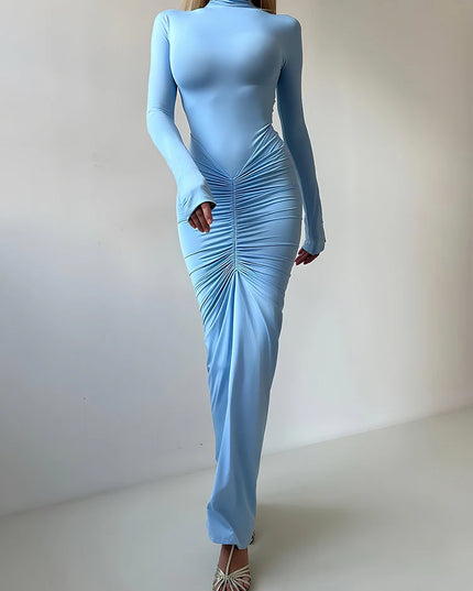 Sisterlinda Autumn New Style Long Dress Woman Turtleneck Full Sleeve Skinny High Stretch Daily Casual Fashion Elegant Vestidos