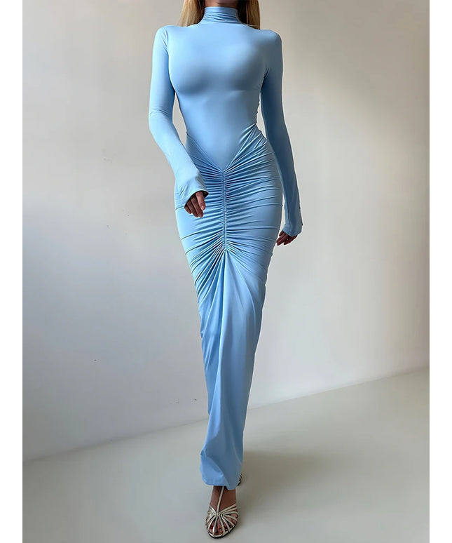 Sisterlinda Autumn New Style Long Dress Woman Turtleneck Full Sleeve Skinny High Stretch Daily Casual Fashion Elegant Vestidos