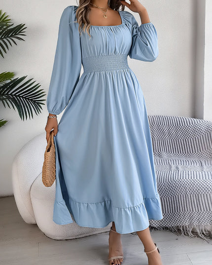 Spring Summer Elegant High Waist Square Neck Long Sleeve Ruffled Edge Long Dresses for Bridesmaids Red Blue Khaki Women Dresses