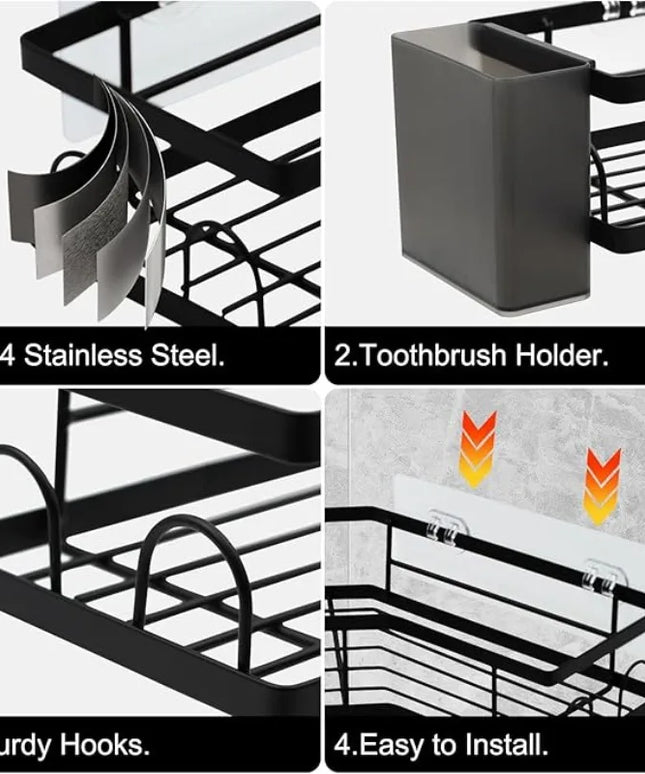 QYQRQF Adhesive Corner Shower Caddy No Drilling Stainless Steel Storage Rack with Hooks for Bathroom Rustproof Space Saving