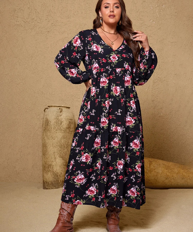 Plus Size Autumn New Arrivals Women's V-Neck Floral Print Bell-Sleeve Vintage High-Waisted Maxi Dress Travel & Everyday Wear