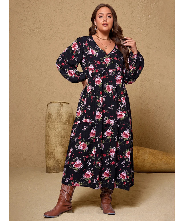 Plus Size Autumn New Arrivals Women's V-Neck Floral Print Bell-Sleeve Vintage High-Waisted Maxi Dress Travel & Everyday Wear