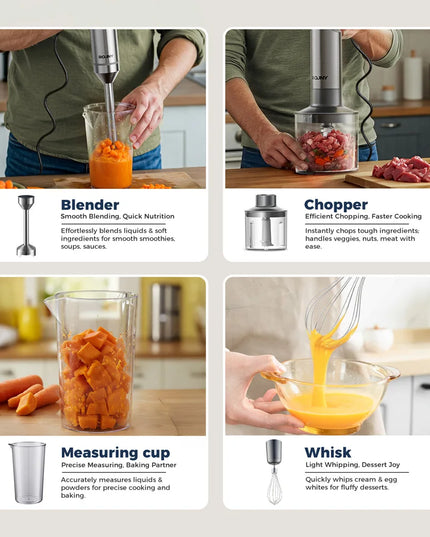 Hand Immersion Blender 1000W Powerful 4-in-1,Stainless Steel Stick Food Mixer,700ml Mixing Beaker,500ml Processor,Whisk