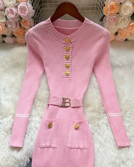 YuooMuoo 2025 Autumn Winter Women Knitted Long Dress Elegant O-neck Buttons Slim Waist Belted Sweater Dress Office Lady Vestidos