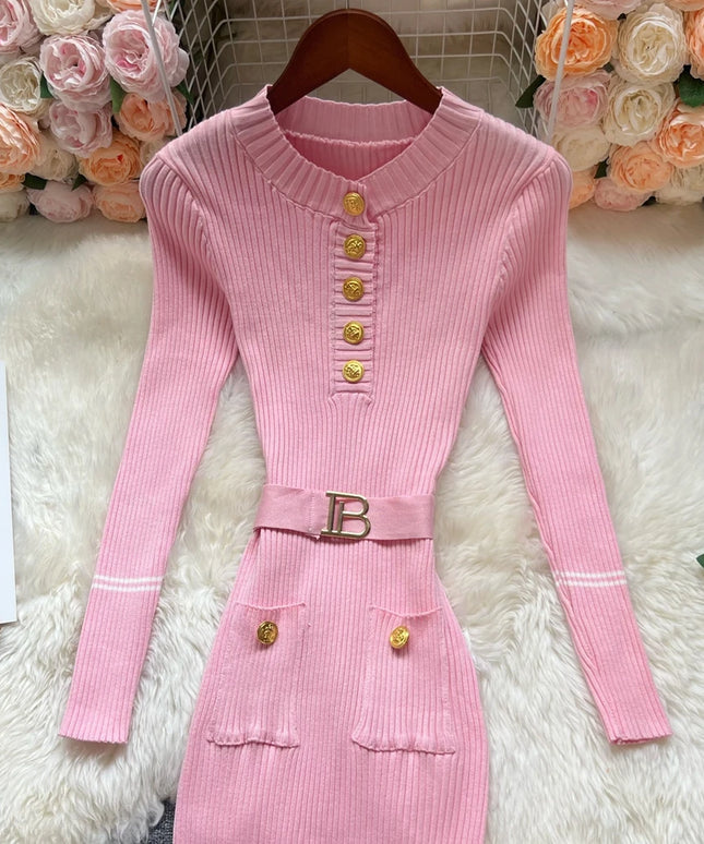 YuooMuoo 2025 Autumn Winter Women Knitted Long Dress Elegant O-neck Buttons Slim Waist Belted Sweater Dress Office Lady Vestidos
