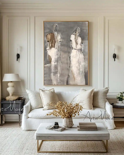 Mhemyo Wabi Sabi Wall Art Woman Figure Hand Painted Painting Large Grey Beige Textured Painting Vintage Figurative Canvas Art