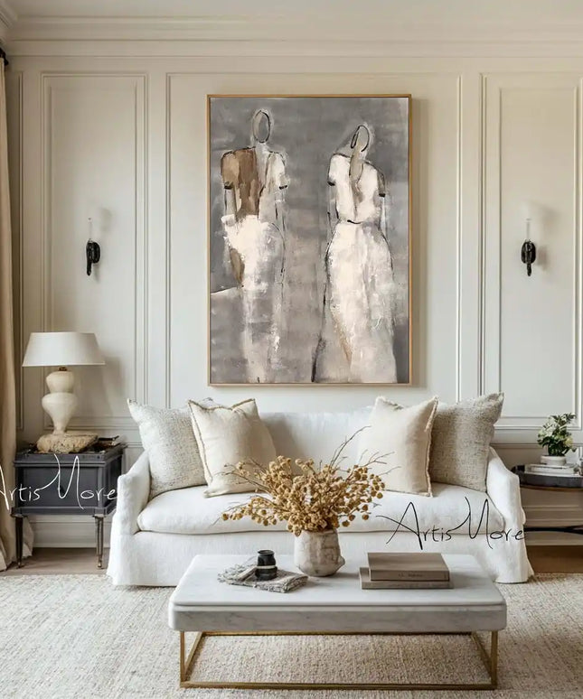 Mhemyo Wabi Sabi Wall Art Woman Figure Hand Painted Painting Large Grey Beige Textured Painting Vintage Figurative Canvas Art