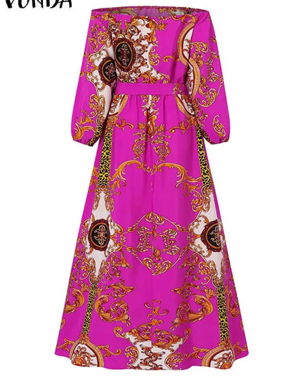VONDA Women Printed Party Dress 2024 Sexy Off Shoulder Long Lantern Sleeve Bohemian Sundress Belted Vintage Maxi Robe Oversized