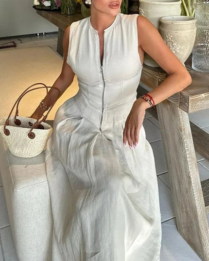 MUJER Zipper Long Dress Woman Pleated Sleeveless Bodycon Dress Summer Elegant Party Dresses For Women 2025 New Midi Dresses