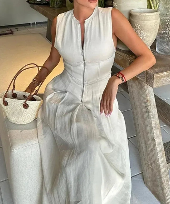 MUJER Zipper Long Dress Woman Pleated Sleeveless Bodycon Dress Summer Elegant Party Dresses For Women 2025 New Midi Dresses