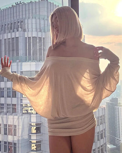 Newly designed niche shoulder long sleeved T-shirt daily high street chiffon women irregular and unique sexy slanted shoulder