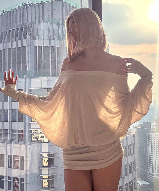 Newly designed niche shoulder long sleeved T-shirt daily high street chiffon women irregular and unique sexy slanted shoulder