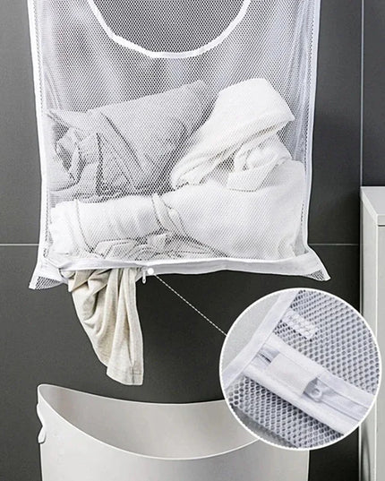 Dirty Clothes Storage Bag Basket Frame Bucket Foldable Mesh Laundry Bathroom Wall Hanging Household Clothing Organizer with Hook