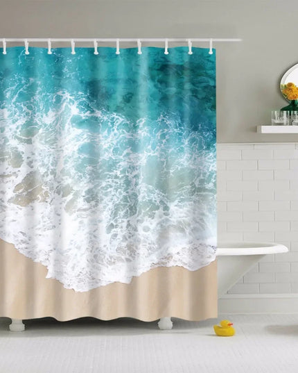 Seaside Scenic Beach Shells Shower Curtains Starfish Conch Blue Board Palm Trees Sunset Nature Scenery Bathroom Curtain Decor